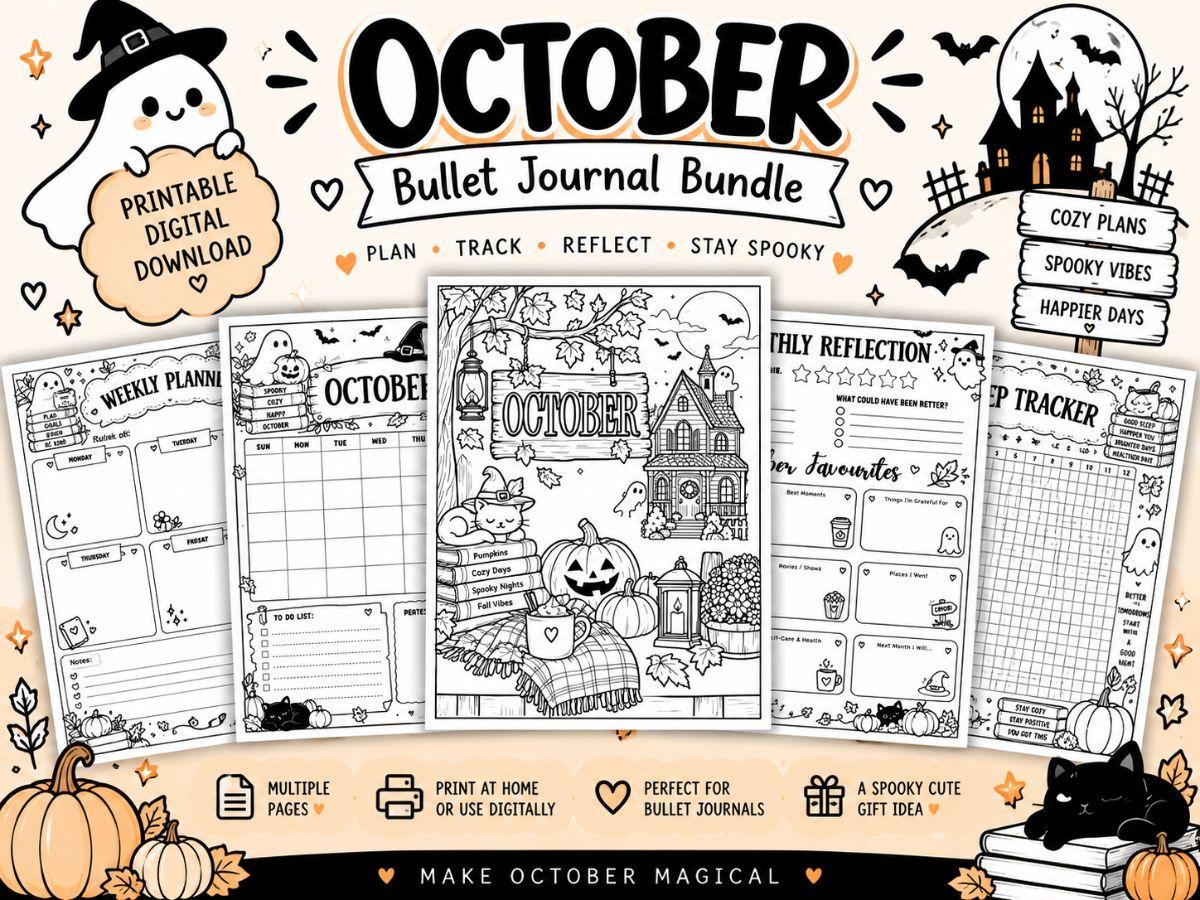 October Bullet Journal Bundle Printable PDF | 25 Spooky Planner Pages, Habit Tracker & Halloween Journal