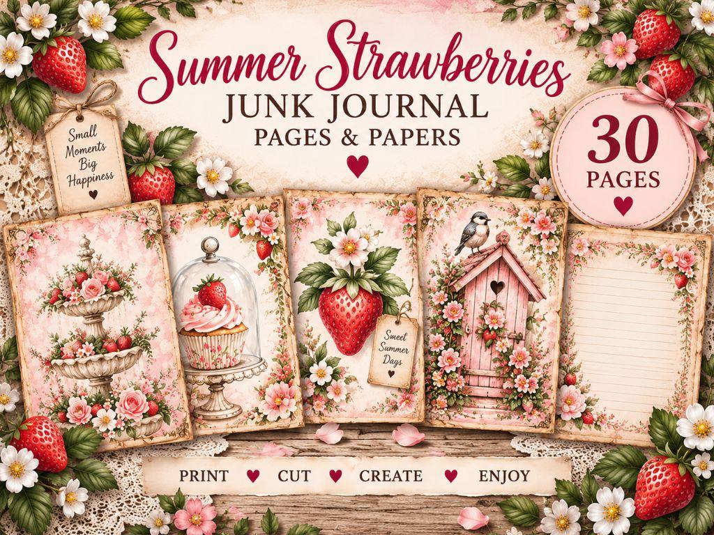 Vintage Summer Strawberry Journal Pages, Cottagecore Floral Paper Collection