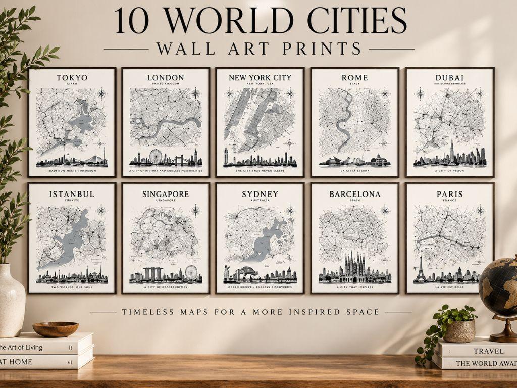 Vintage World Cities Map Prints, Travel Inspired Wall Art Set