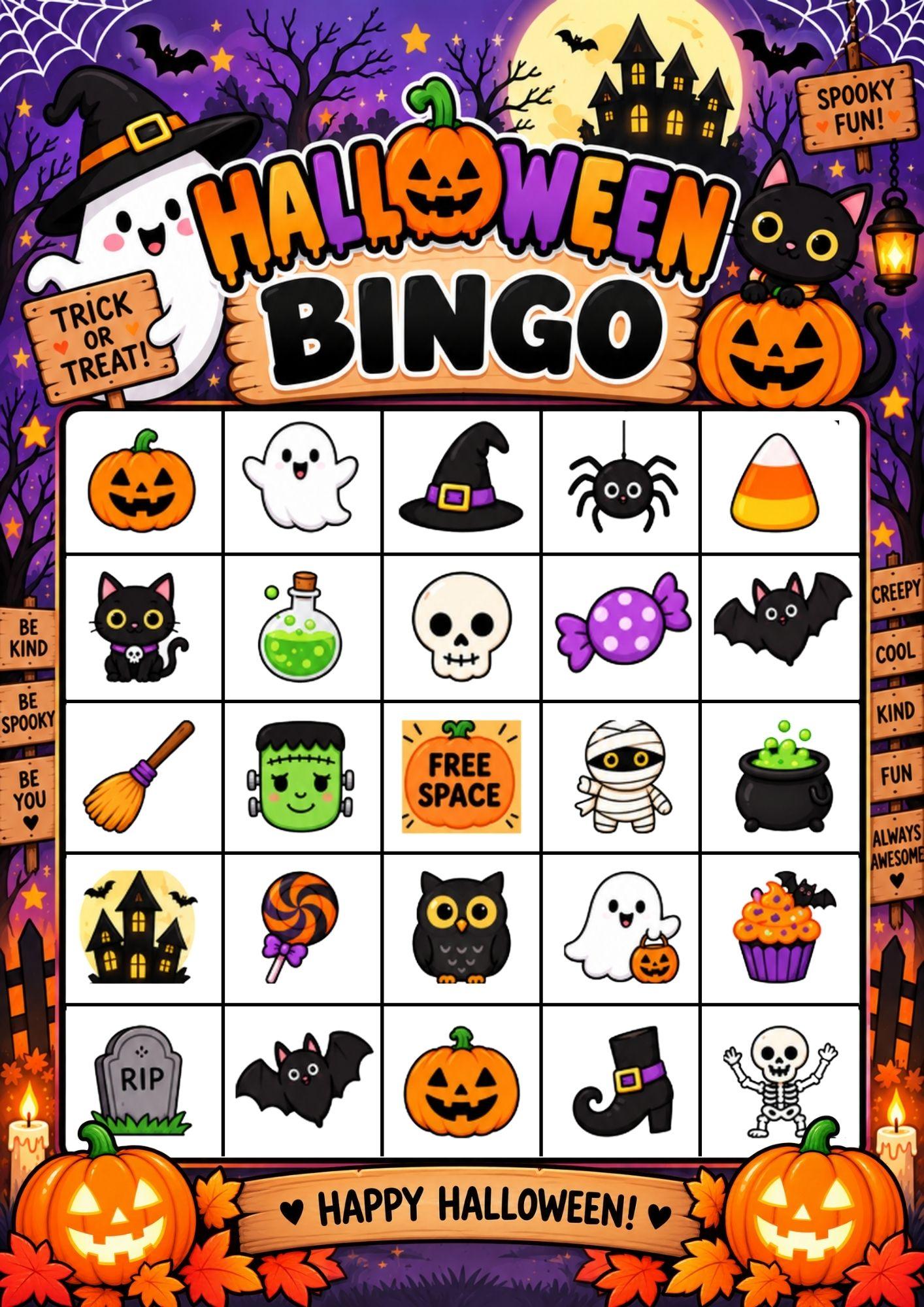 50 Halloween Bingo Cards Printable, Cute Spooky Halloween Game, Kids Party Activity