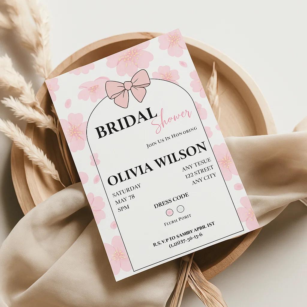 Elegant Bridal Shower Invitation with Floral Design & Pink Bow – Fully Editable Canvas for Customizable Details