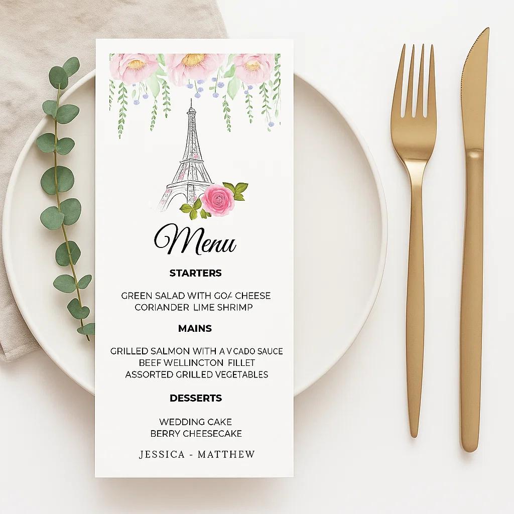  Wedding Menu with Floral Accents and Eiffel Tower Design – Fully Editable and Customizable Canvas