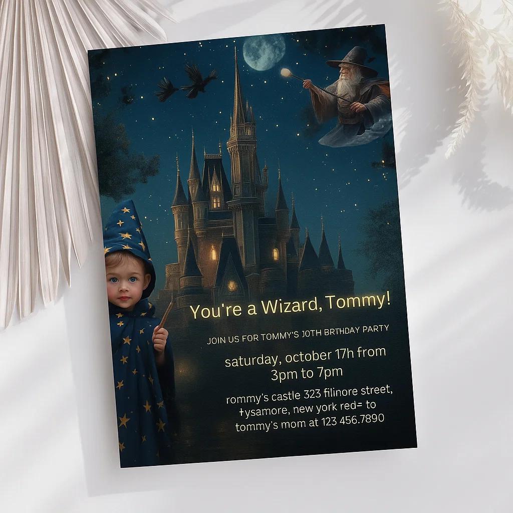 Magical Wizard-Themed Birthday Party Invitation – Fully Editable Canvas with Customizable Details and Enchanting Castle Design