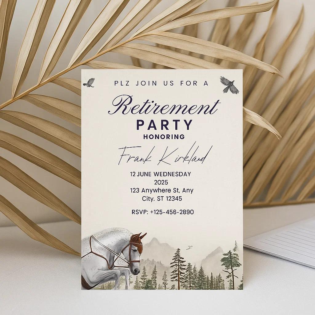 Rustic Retirement Party Invitation – Editable Canva Template | Customizable Horse & Forest Theme | Digital Download Invite for Him