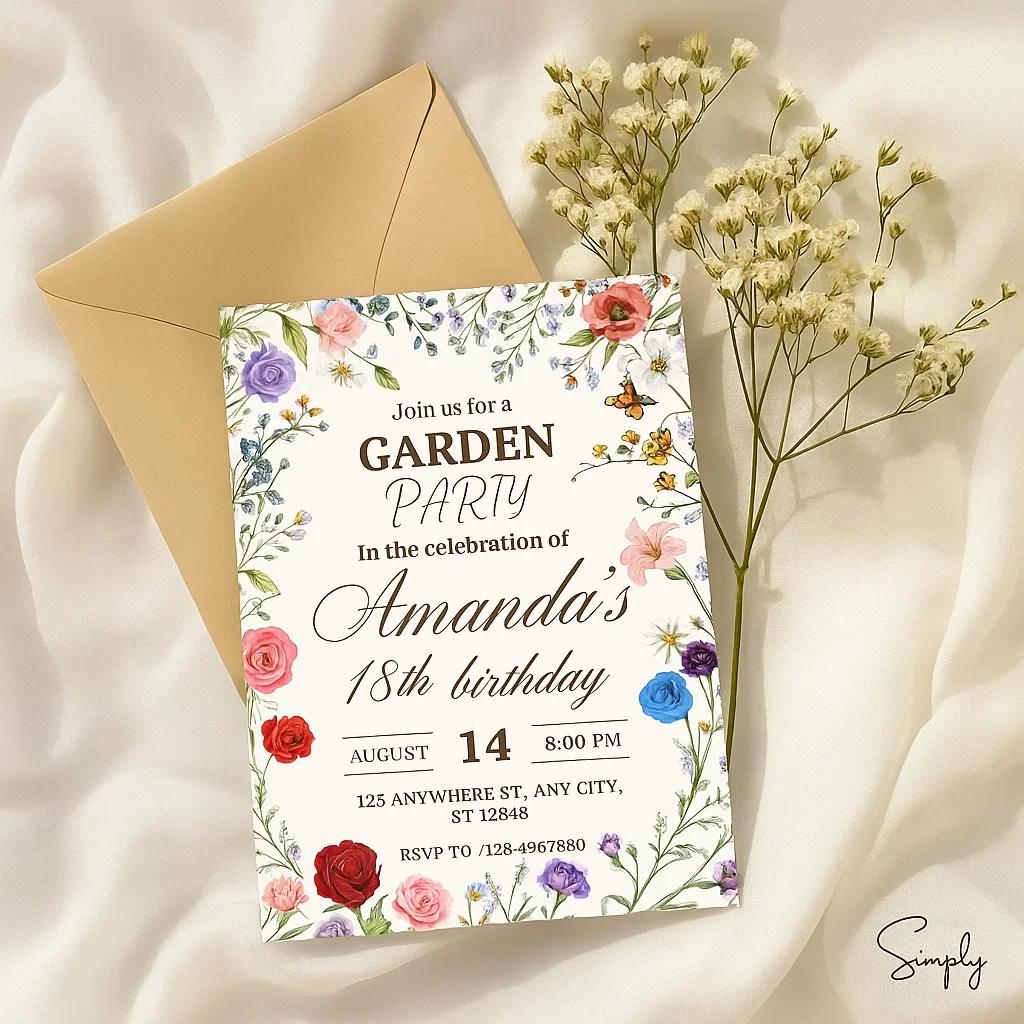 Floral Garden Birthday Invitation – Editable Canva Template | Customizable 18th Birthday Party Invite | Digital Download for Her