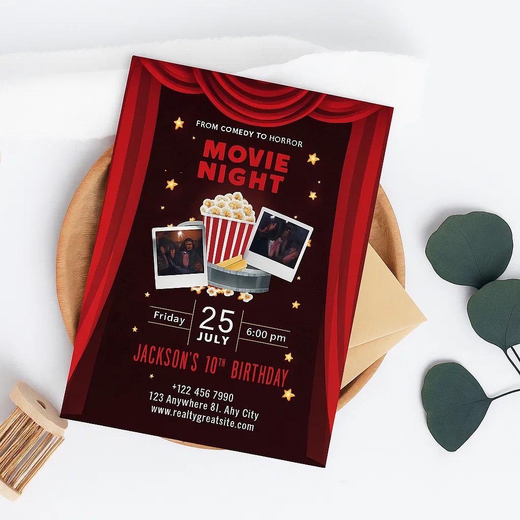 Movie Night Invitation – Editable Canva Template | Customizable Cinema Theme Party Invite | Digital Download for Kids