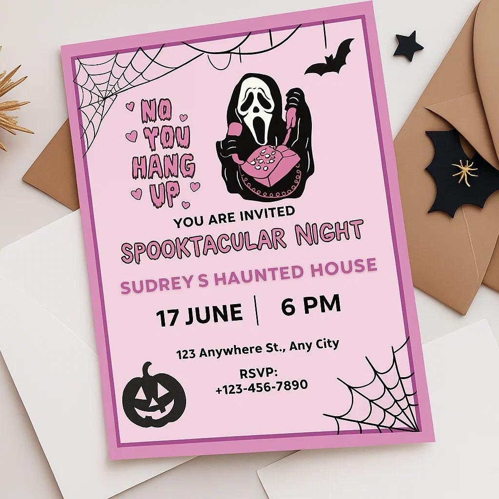 Spooktacular Pink Halloween Party Invitation – Editable Canva Template | Customizable Ghostface Theme for Girls’ Haunted Night Fun