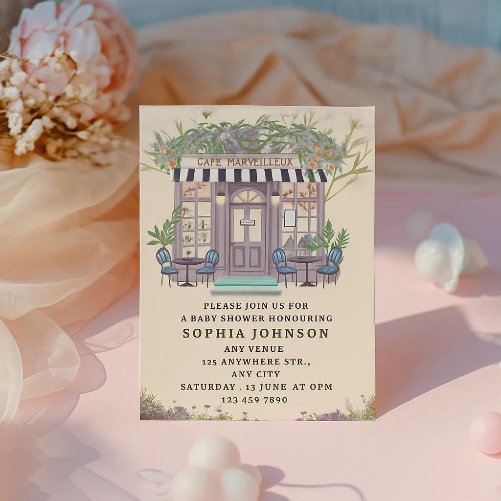 Charming Café-Themed Baby Shower Invitation – Fully Editable Canvas with Customizable Details and Floral Accents