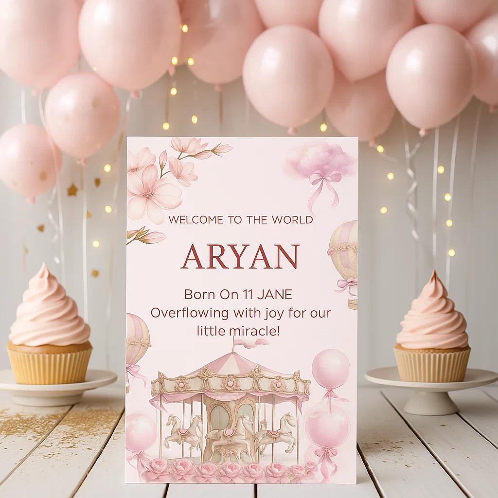 Baby Announcement with Carousel and Balloon Design – Fully Editable Canvas for Customizable Details and Soft Pink Accents