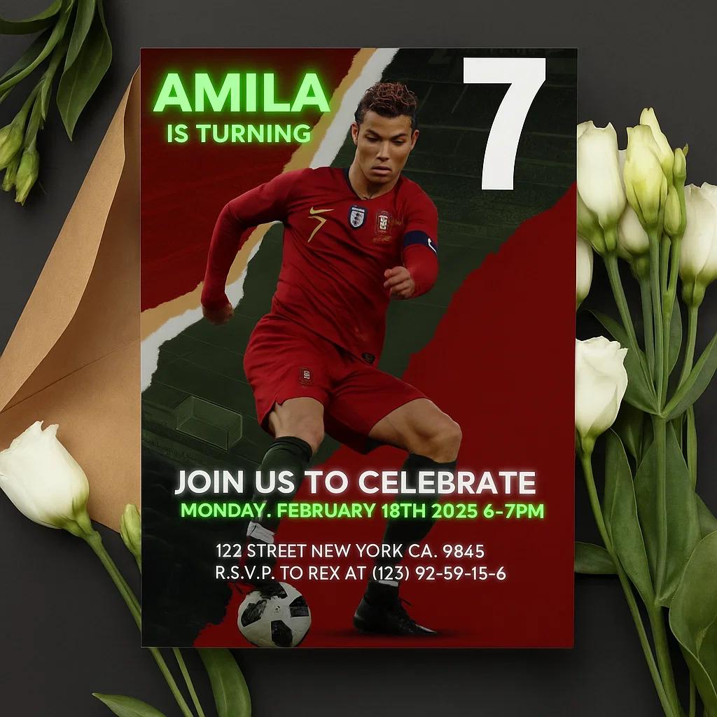Editable Soccer-Themed Birthday Invitation for Kids – Customize Name, Age, Date, and Venue Easily with Canva Template Access