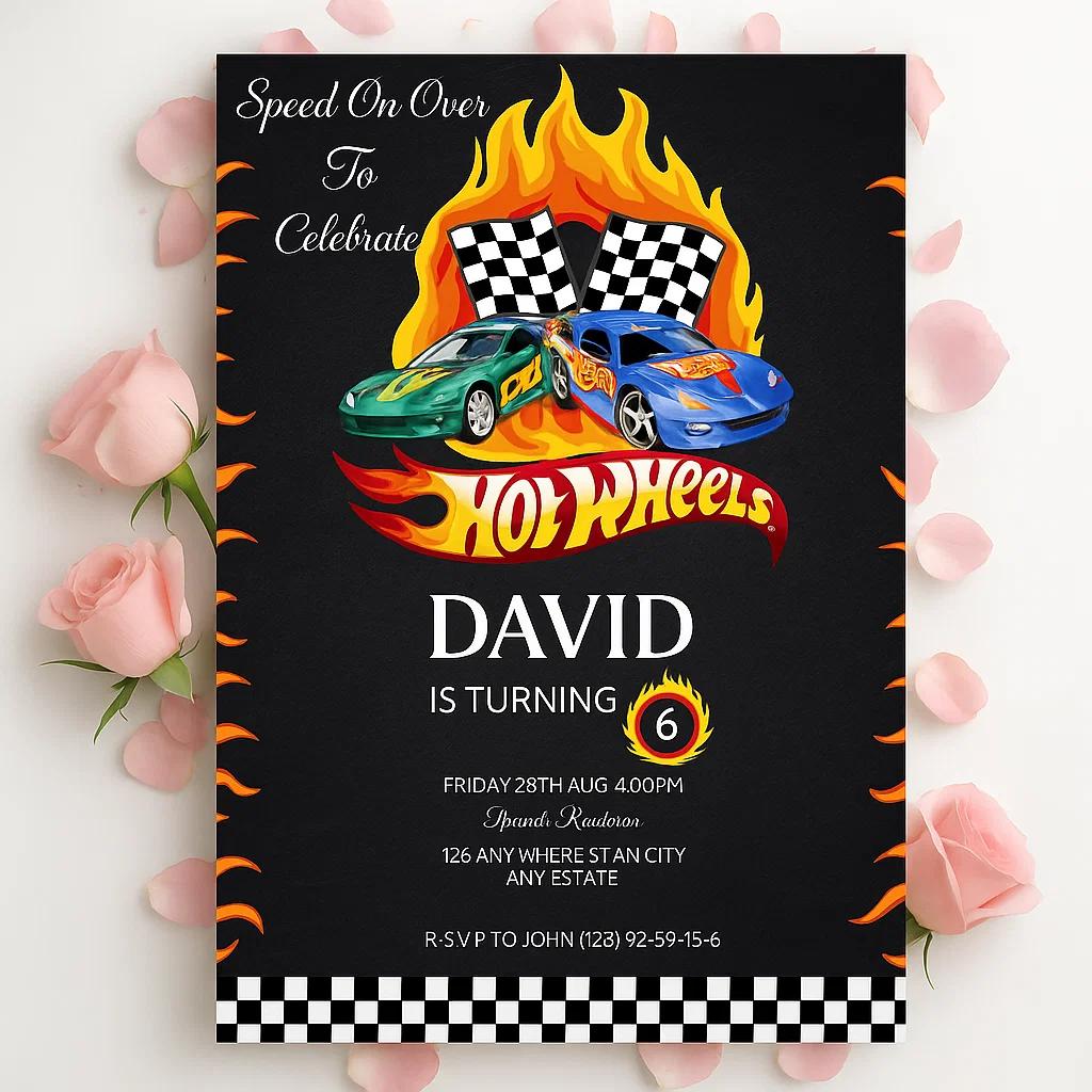 Editable Hot Wheels Birthday Invitation for Kids – Customize Name, Age, Date, Time, and Venue Easily with Canva Template