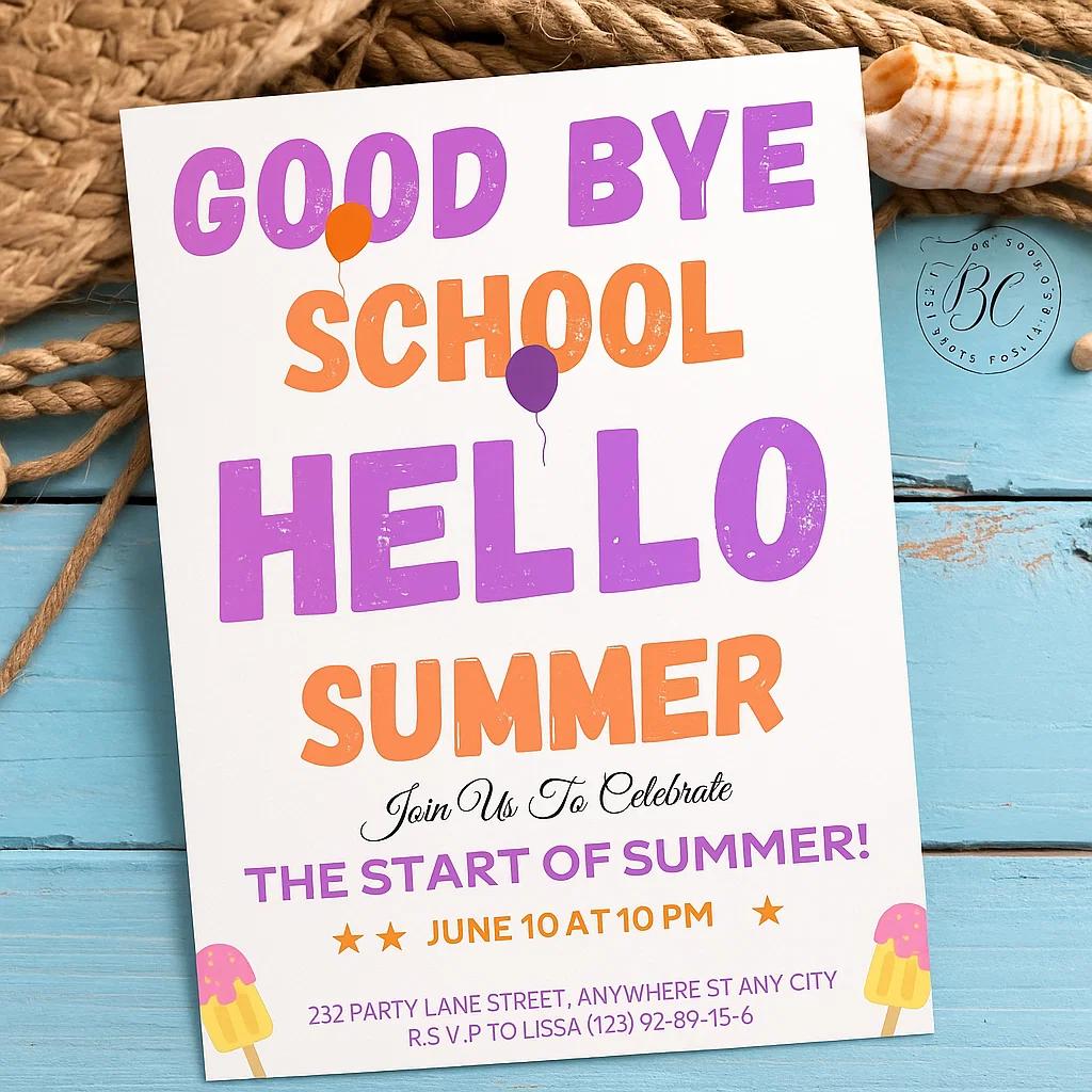 Goodbye School, Hello Summer! 🎉 Join Us for a Fun Summer Celebration! 🌞"  Let me know if you need any adjustments
