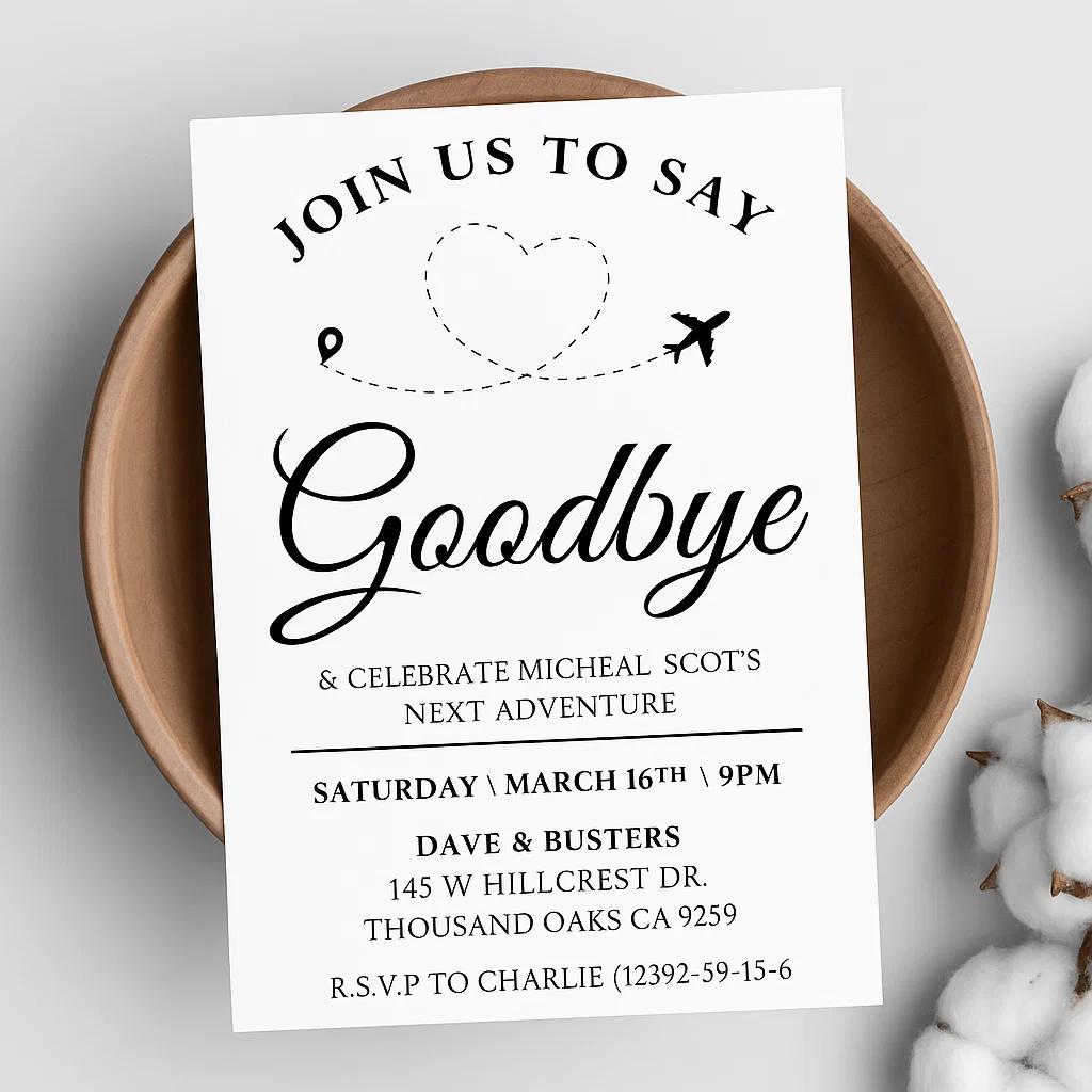 Goodbye & Adventure Celebration for Michael Scott – Join Us for a Memorable Farewell Event | Canva Editable Invitation