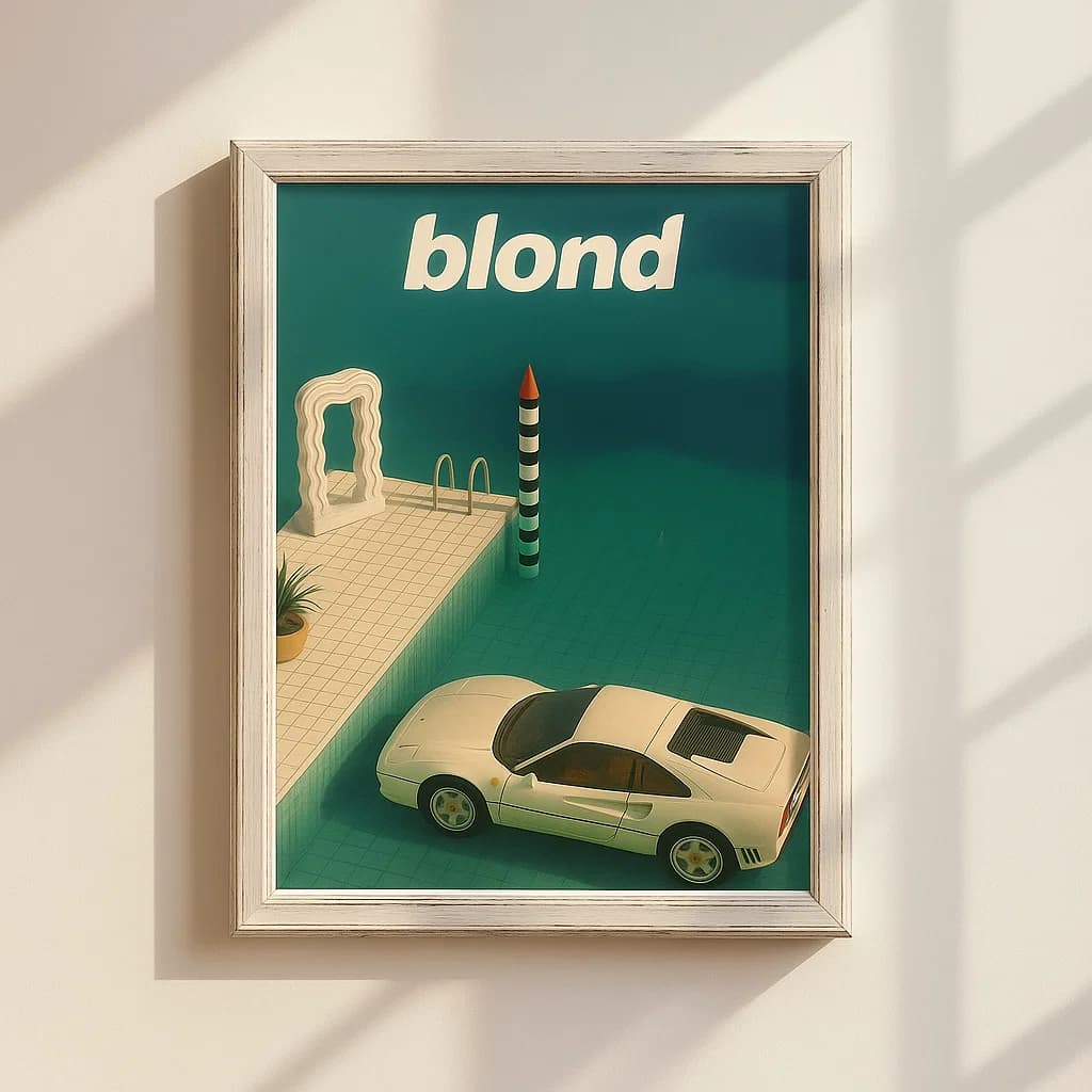 Blond – Retro-Inspired Poolside Scene with Ferrari, Architecture, and Vibrant Colors for a Stylish, Modern Wall Art Design