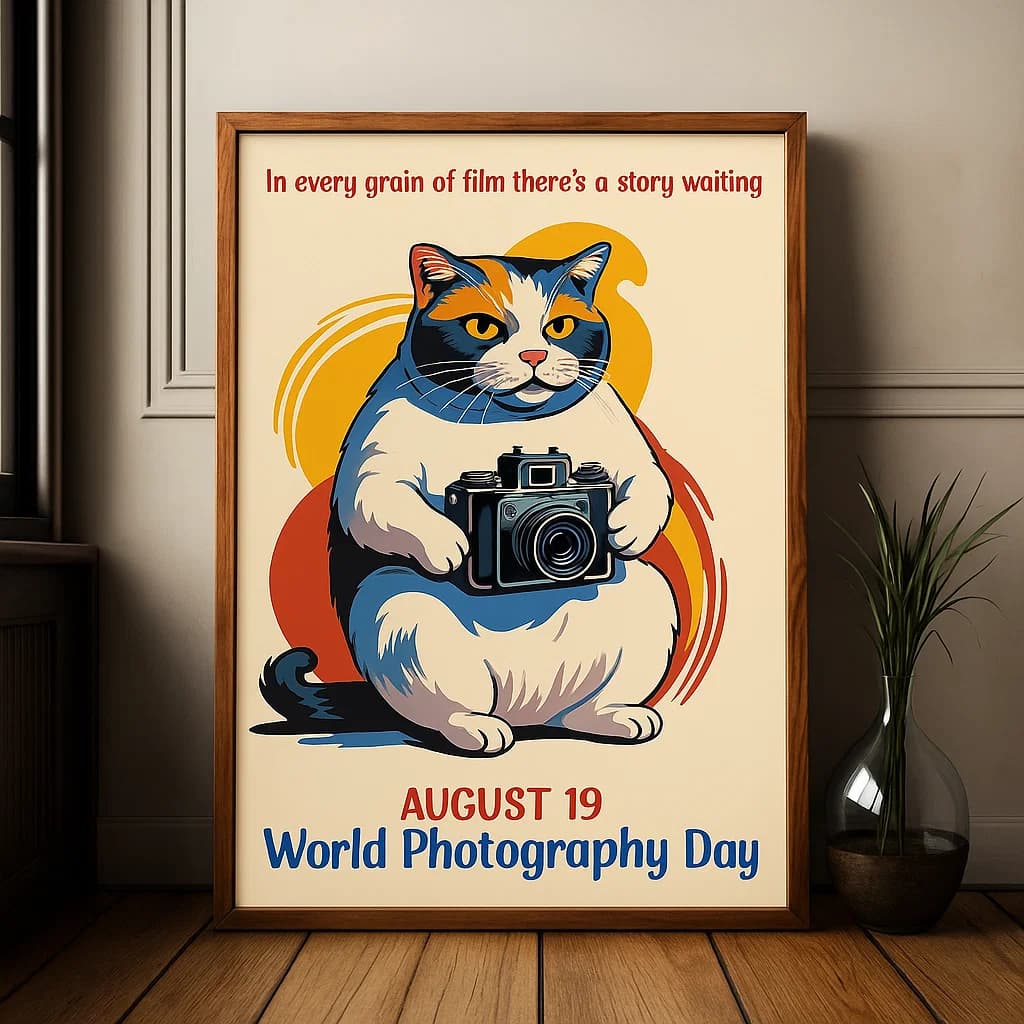 World Photography Day Non-Editable Wall Art of a Creative Cat with a Camera and Captivating Film Quote