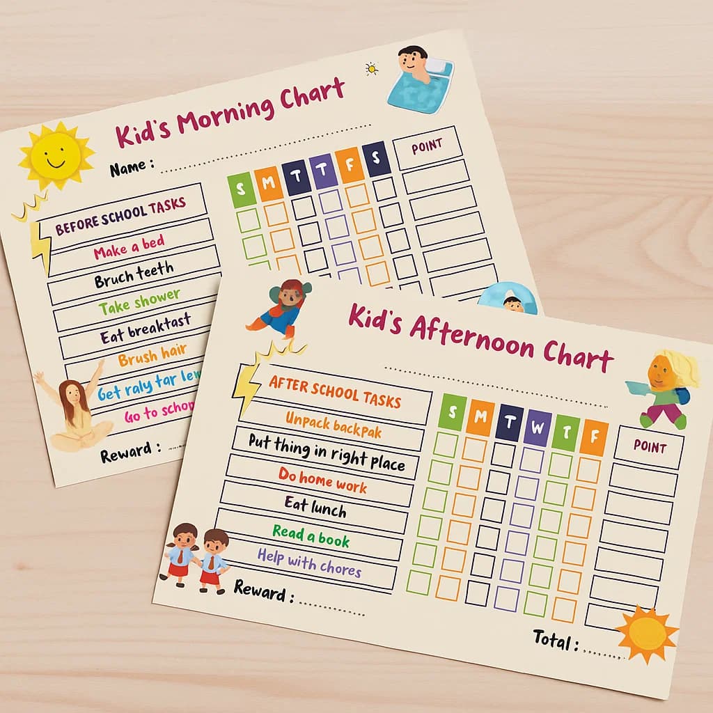 Fun Daily Kids Routine Charts – Morning, Afternoon & Evening Visual Schedules to Build Independence, Good Habits & Happy Routines          Ask ChatGPT