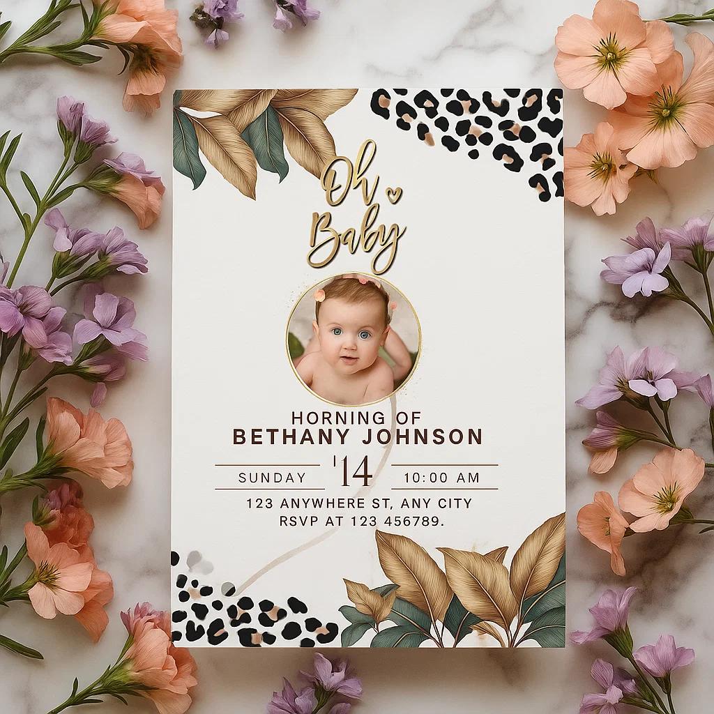 Elegant Baby Shower Invitation with Golden Accents & Animal Print – Customizable Canvas for Easy Edits