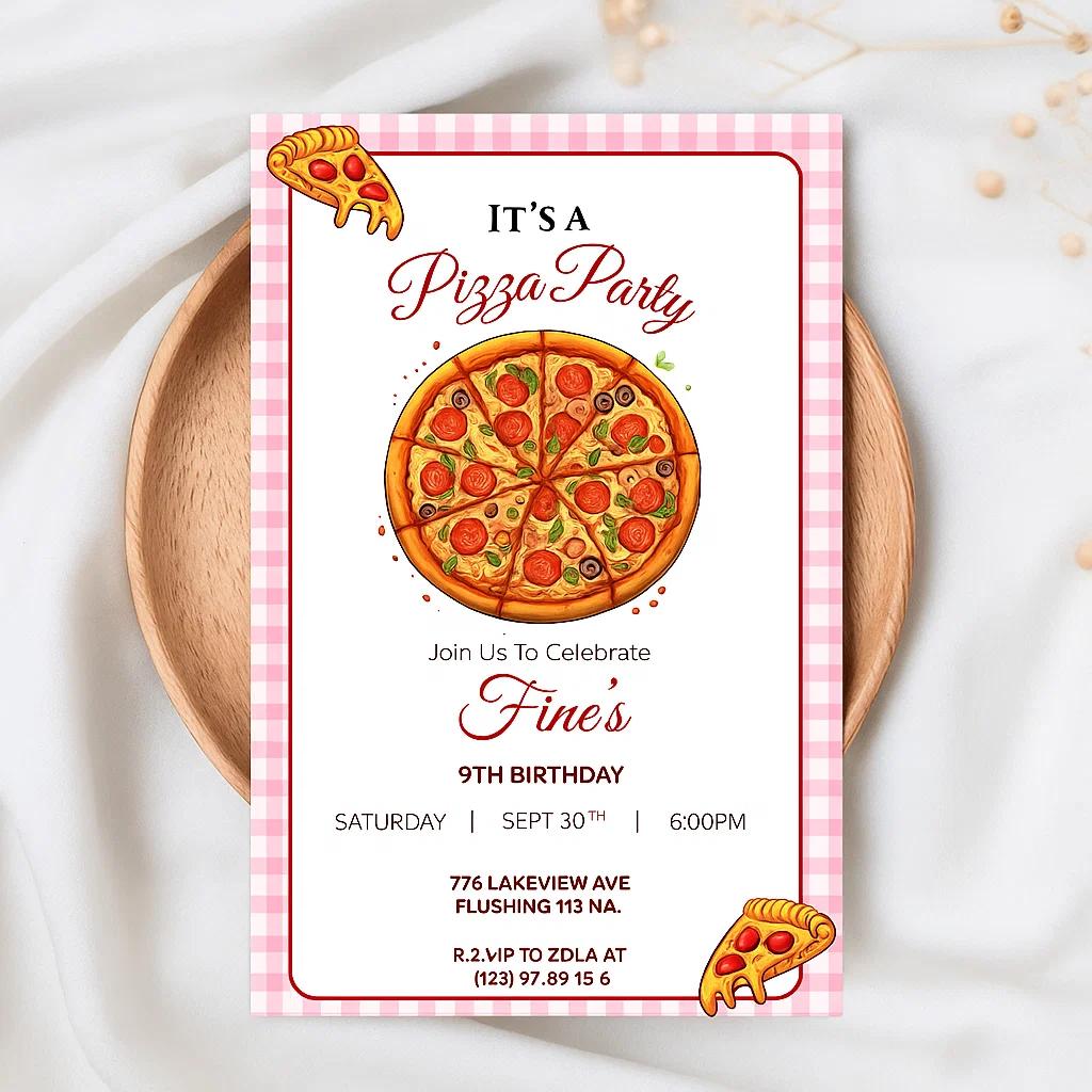 Fun Pizza Party Invitation for 9th Birthday – Fully Editable Canvas with Customizable Details and Fun Pizza Design