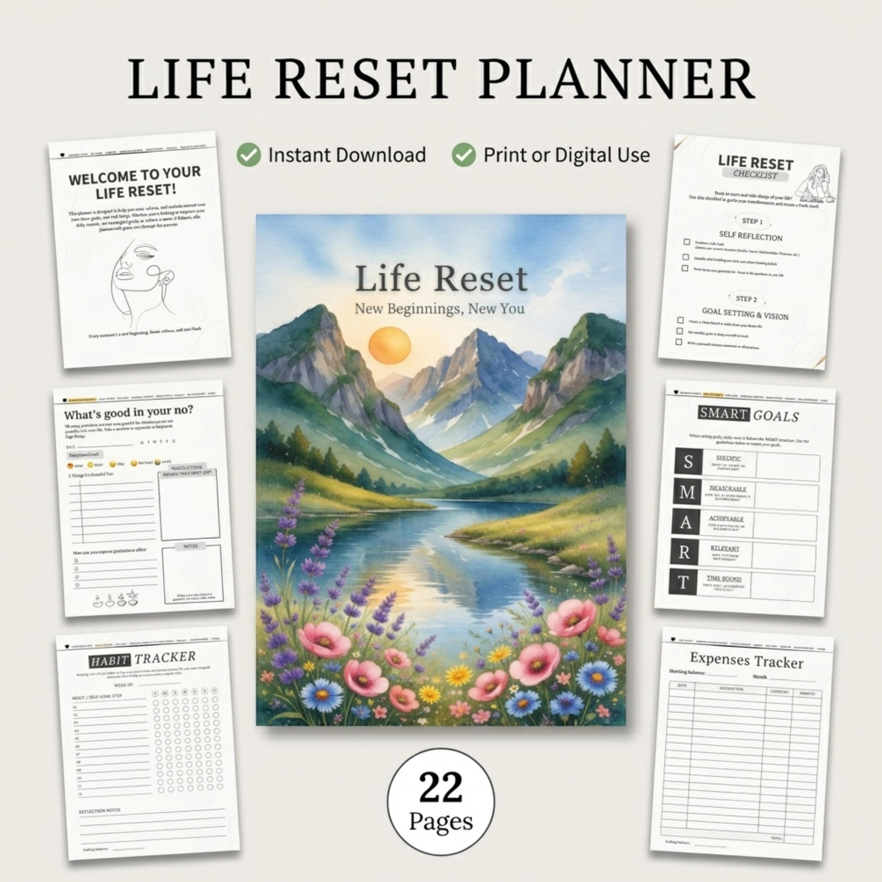 Life Reset Planner Printable PDF Self Improvement Planner Life Reset Checklist Goal Setting Journal Habit Tracker Wellness & Productivity Planner