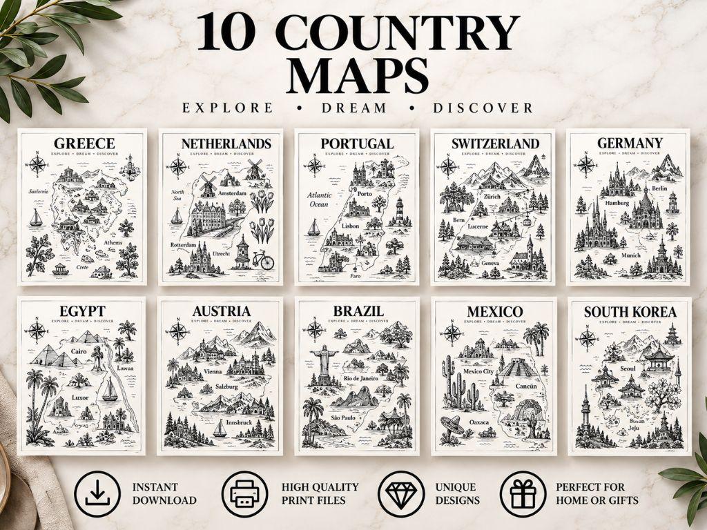 10 Country Map Stickers, Vintage Travel Map Designs, World Travel Scrapbook Stickers