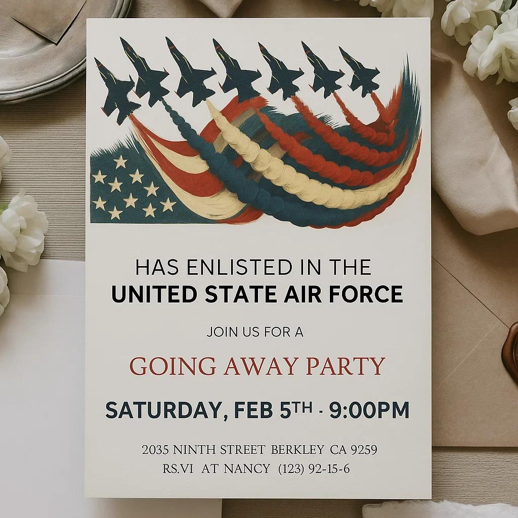 Celebrate Their Brave Journey: Customizable Air Force Going Away Party Invitation – Edit Text, Colors, and Layout Easily on Canvas