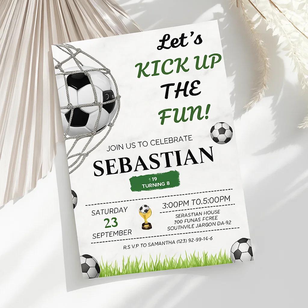Editable Soccer Birthday Invitation Template – Customize Name, Age, Date, Time, and Venue Instantly with Canva for Kids Party