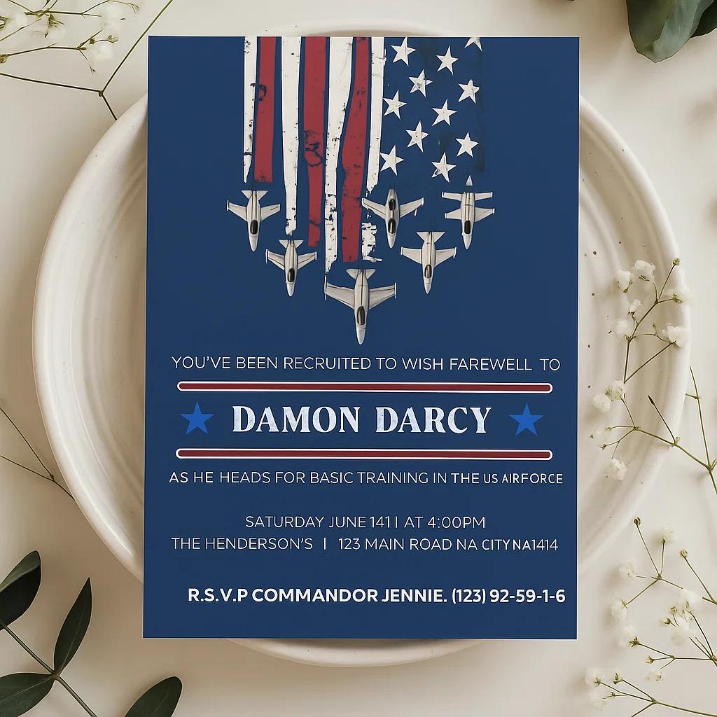 Damon Darcy’s Farewell Invitation – Join Us to Send Him Off for Basic Training in the U.S. Airforce (Customizable & Editable)