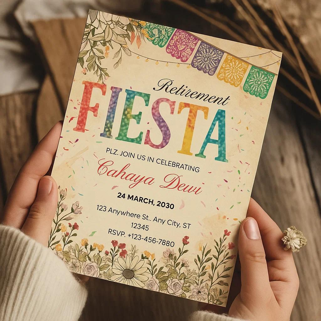 Customizable Retirement Fiesta Invitation Template – Celebrate Cahaya Dewi’s Milestone with Vibrant Colors and Personal Touch