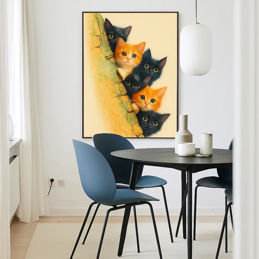 Whimsical Kittens Peeking Through Cracks – A Charming Wall Art Design 
