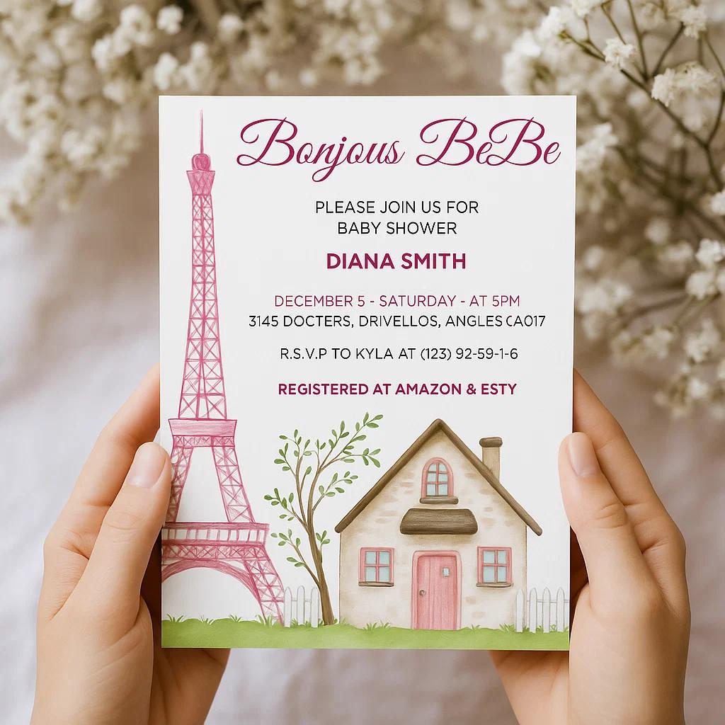Elegant Baby Shower Invitation with Parisian Eiffel Tower & Cozy Home Design - Customizable Canvas for Personal Edits