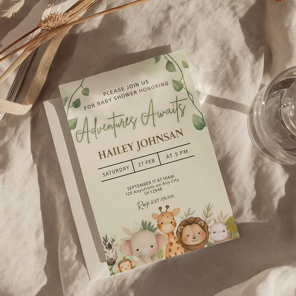  Baby Shower Invitation with Cute Animal Illustrations and Customizable Event Details
