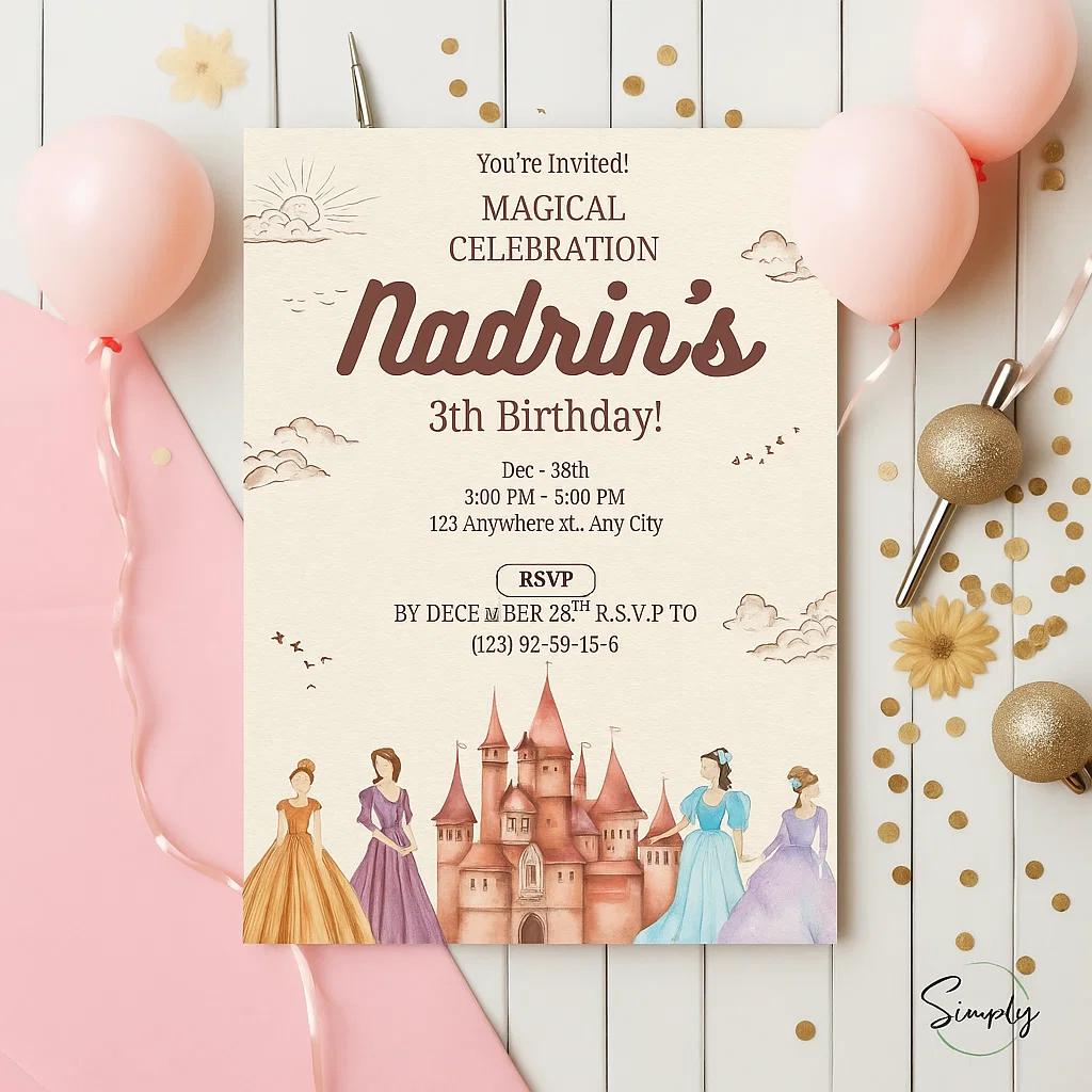 Magical 3rd Birthday Invitation with Princess Theme and Castle Design – Fully Editable and Customizable Canvas
