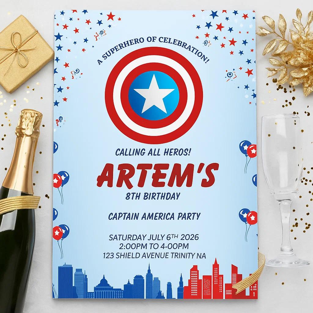 Editable Captain America Birthday Invitation for Kids – Customize Name, Age, Date, and Location Easily with Canva Template