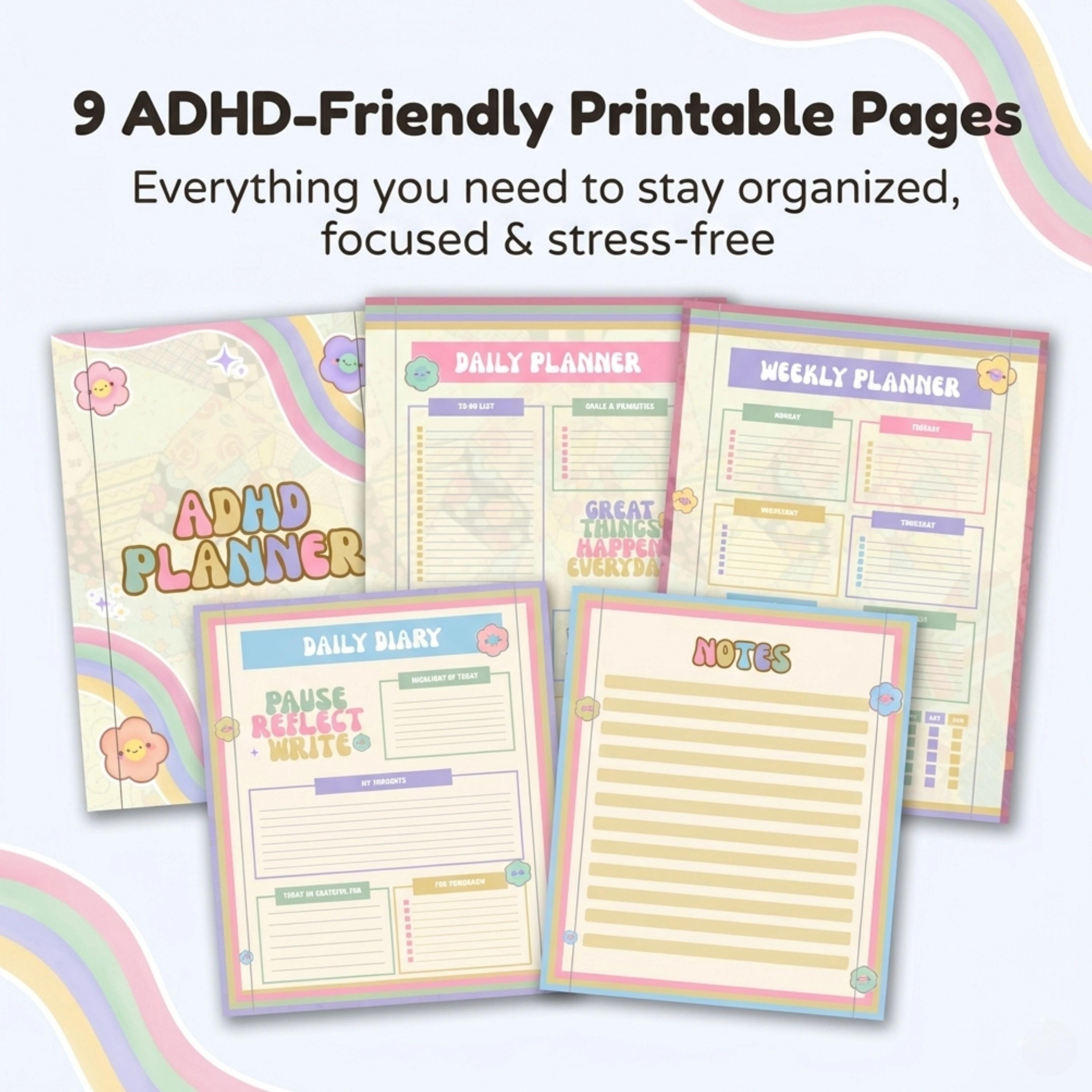 Aesthetic ADHD Printable Planner Cute Daily Weekly Monthly Planner Bundle Productivity Planner PDF Mental Health Planner Printable Journal Kit