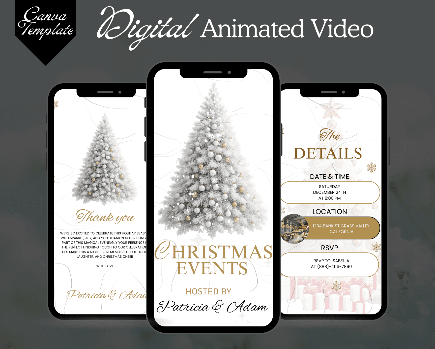 Chic White Christmas Party Invitation | Festive Canva Template | Elegant Gold Digital Holiday Card, Instant Download