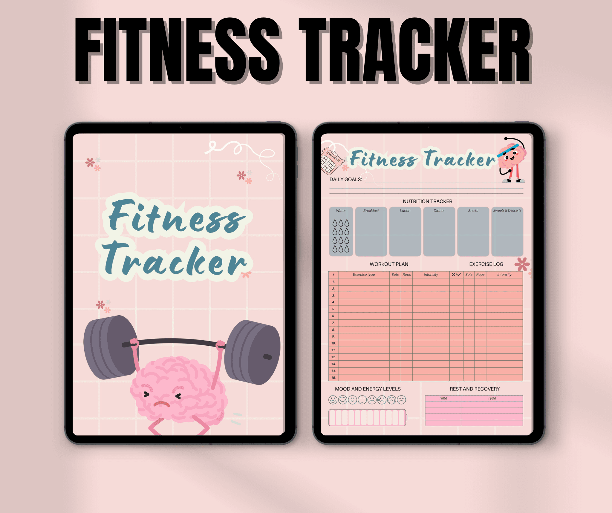 2-Page Fitness Tracker | Ultimate Tool for Workout Logs, Meal Plans & Progress Tracking