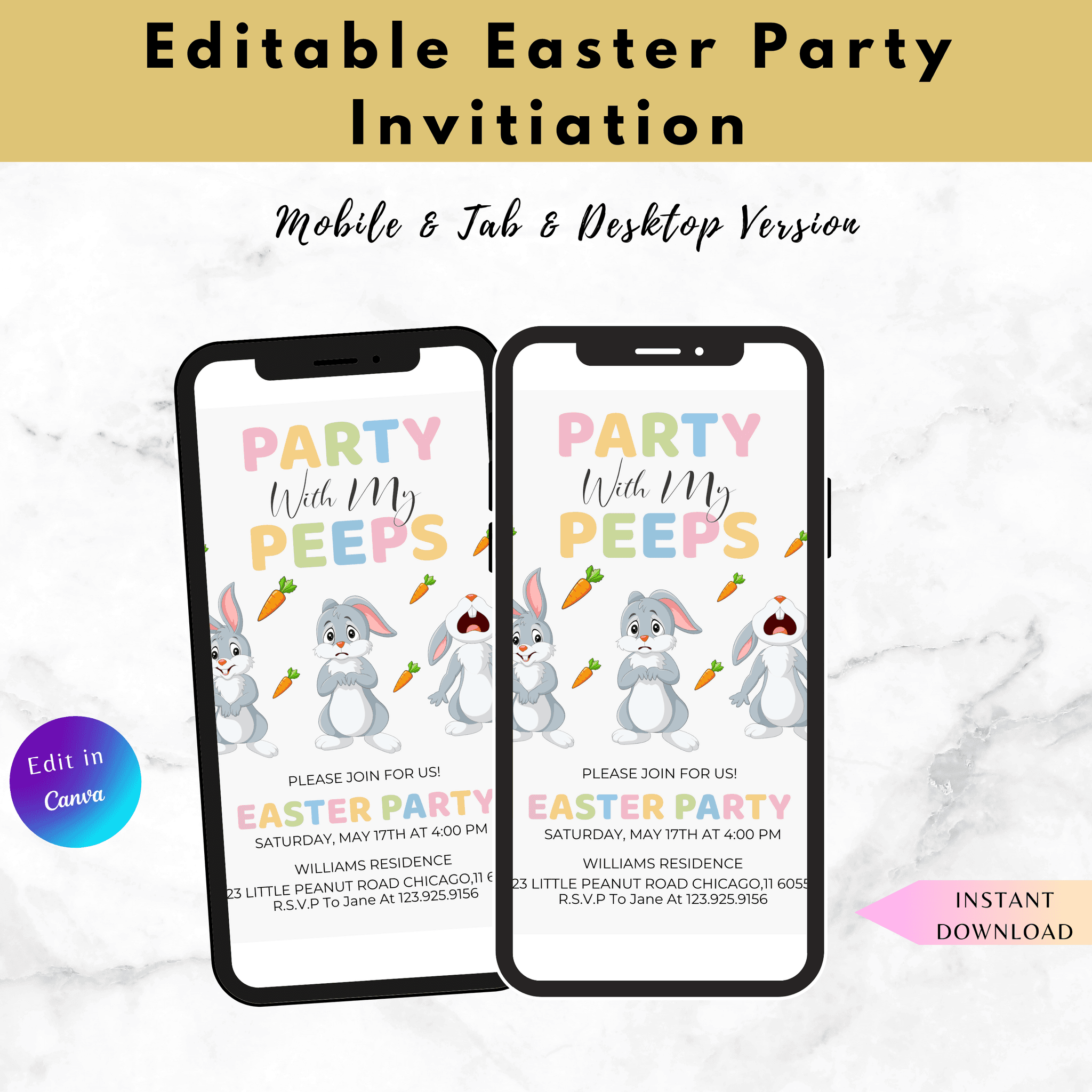 Easter Party Invitation Card – Cute Bunny Design