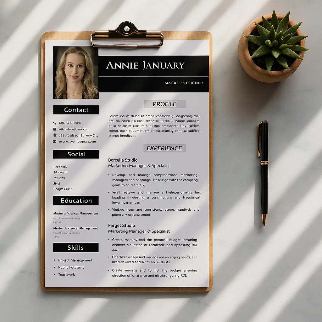 Modern Editable and Customizable Black and White Professional Resume Template with Photo, Contact, Skills, Experience, Education Sections on Canvas