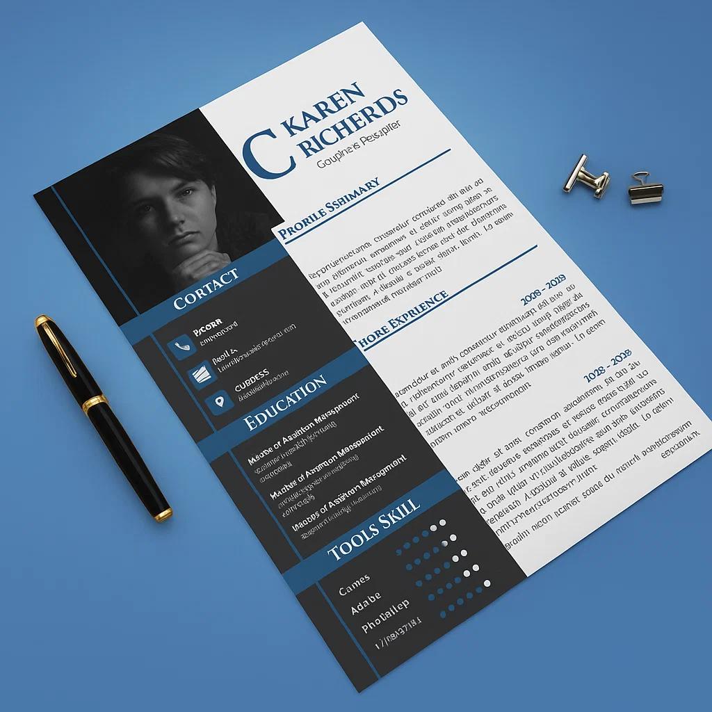 Professional Graphic Designer Resume Template Fully Customizable Layout for Profile, Work Experience, Education, Skills, and Contact Information