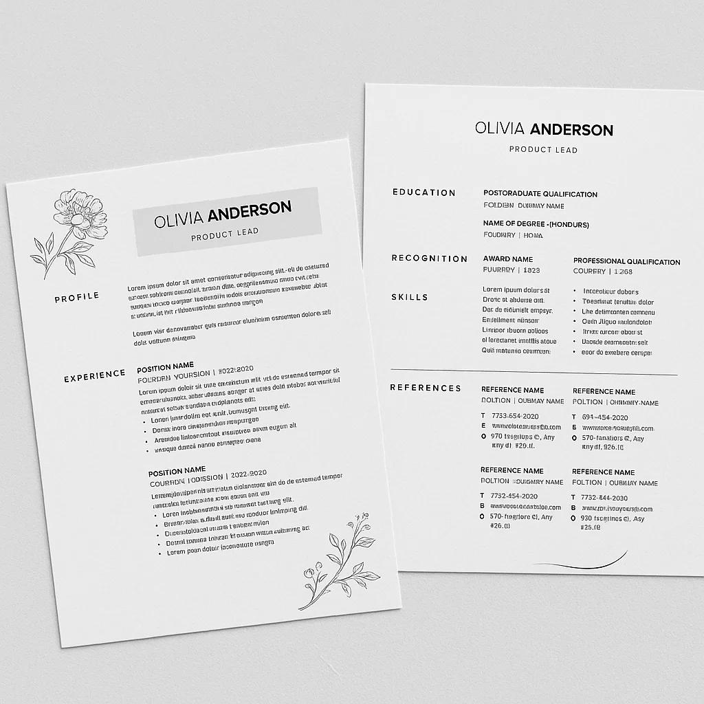 Elegant Two-Page Canva Resume Template for Product Leads – Fully Editable CV Design with Floral Accents and Modern Layout