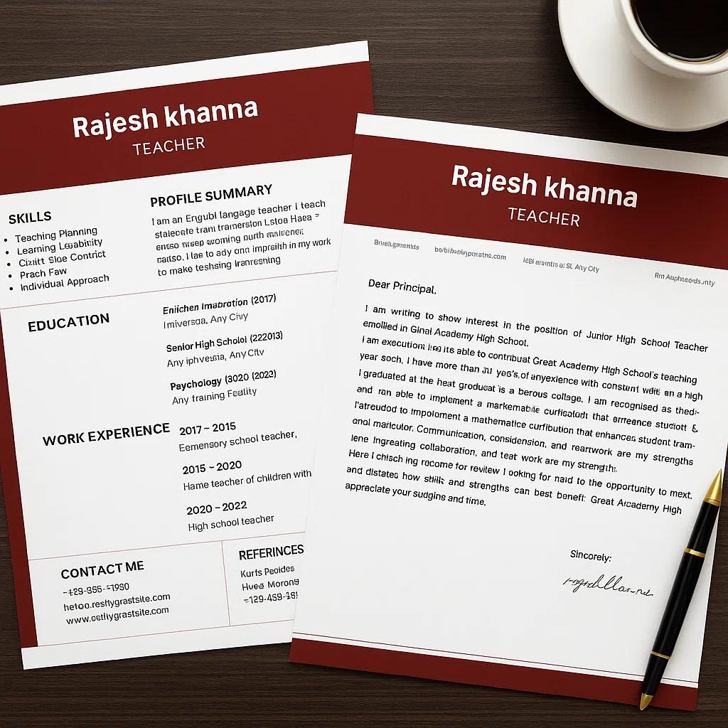 Modern 2-Page Teacher Resume & Cover Letter Template – Customizable, Professional Layout for Educators with Skills, Experience, and Contact Info