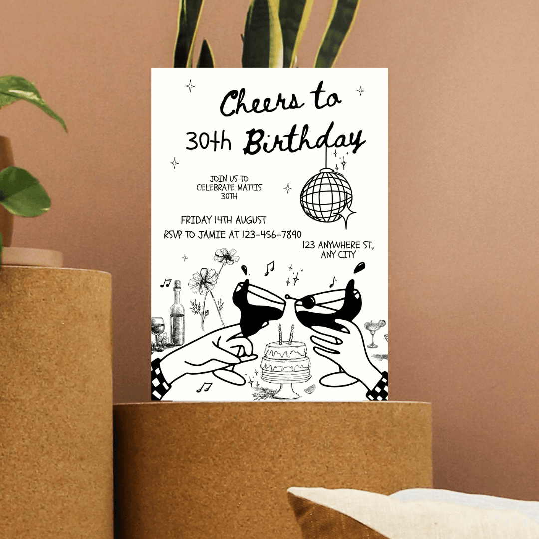 Cheers Birthday Party Invitation Template | Editable Canva Design | Modern white & Black Theme for Adults | Digital Download Invite