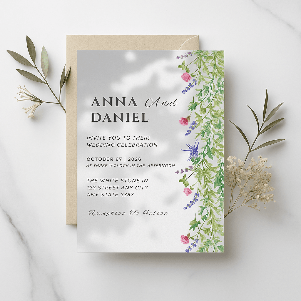 Elegant Shadow Floral Wedding Card | Editable Canva Template | Customizable & Printable Invite | Digital Download | Minimal Wedding Design | Instant Access