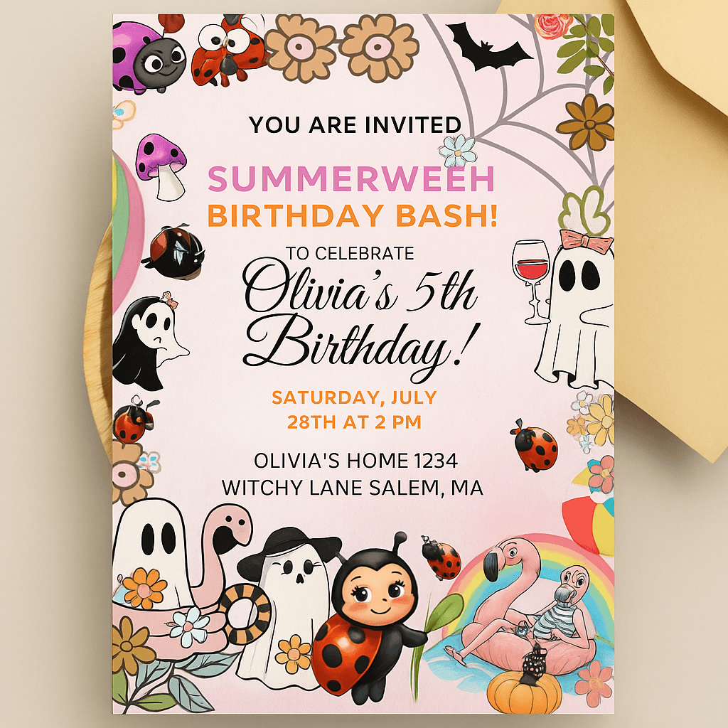 Summerween Birthday Bash Invitation – Editable, Customizable, Printable Party Template with Halloween-in-Summer Theme, Instant Download, Fun Kids Design