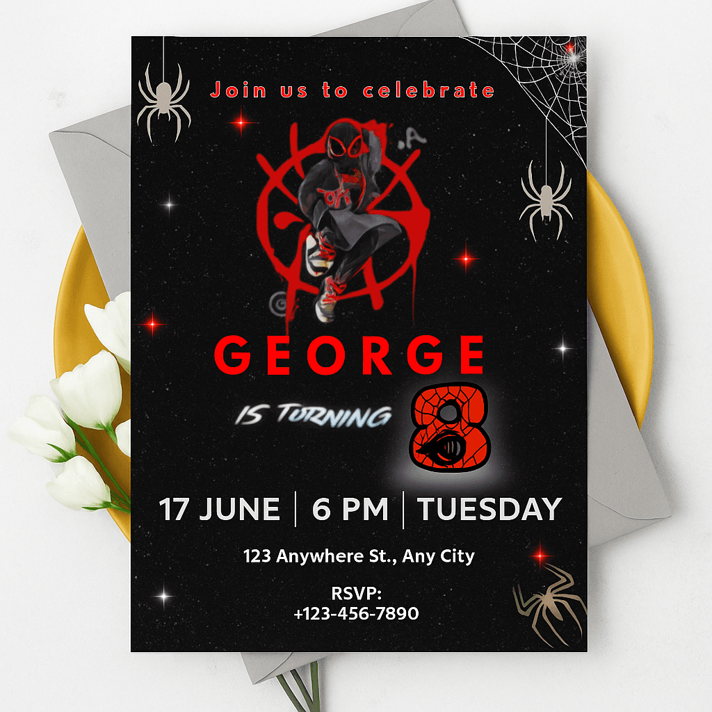 George is Turning 8 Birthday Invitation – Editable Black Spider Theme Party Template, Printable Design, Customizable, Fun Halloween-Inspired Bash