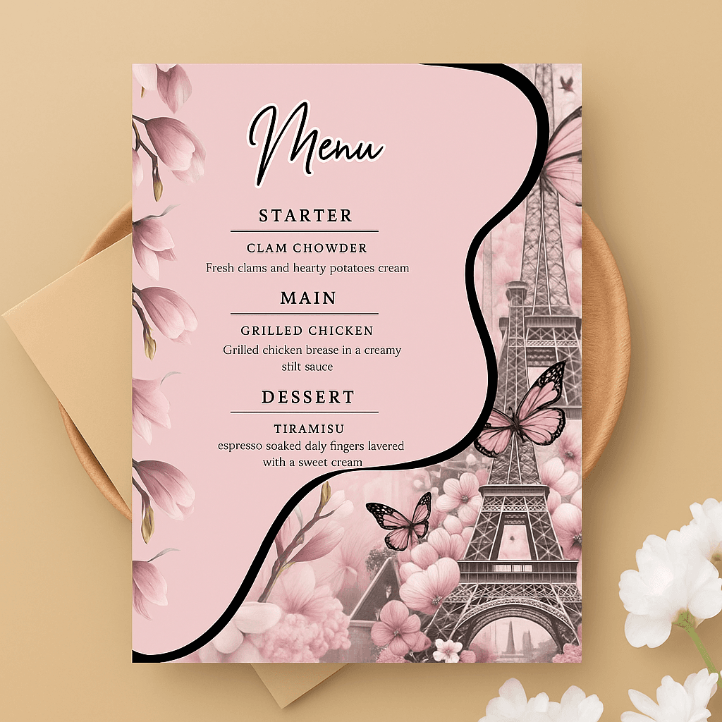 Floral Paris-Themed Menu Card – Editable Canva Template, Elegant French-Inspired Design, Printable Romantic Menu, Instant Download