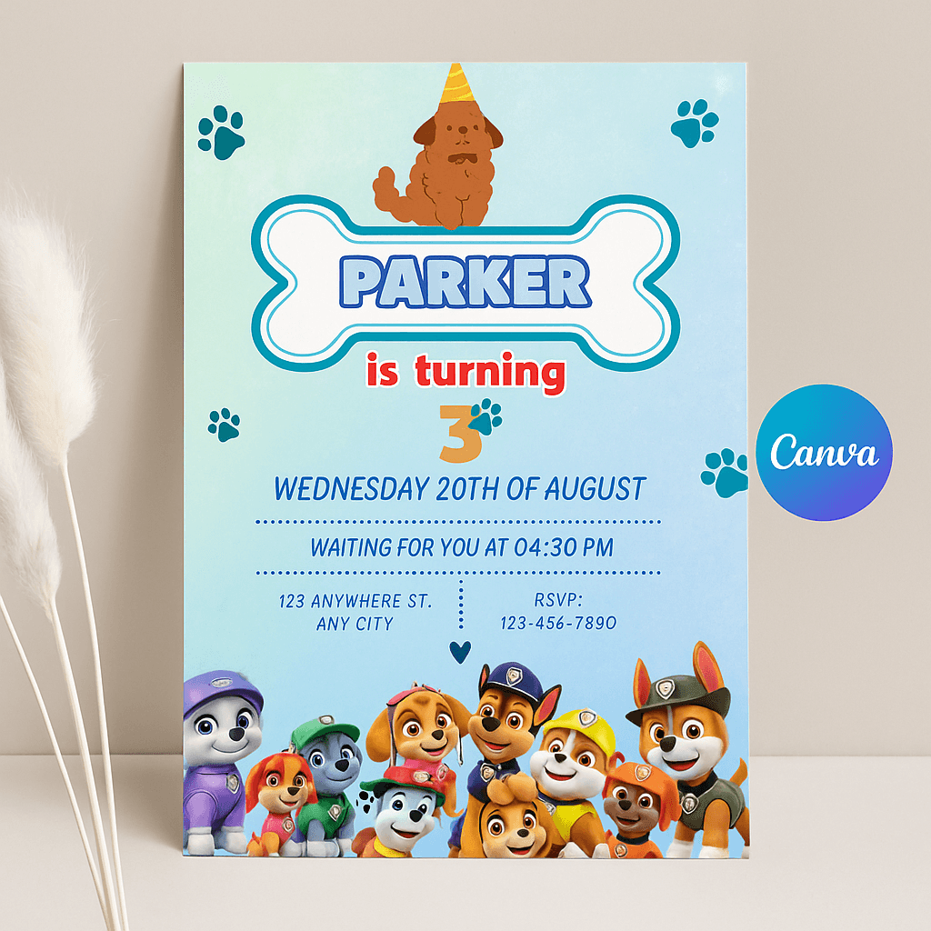 Parker is Turning 3 – Paw Patrol Themed Kids Birthday Party Invitation – Editable Canva Template, Fun Cartoon Design, Customizable & Printable, Instant Download