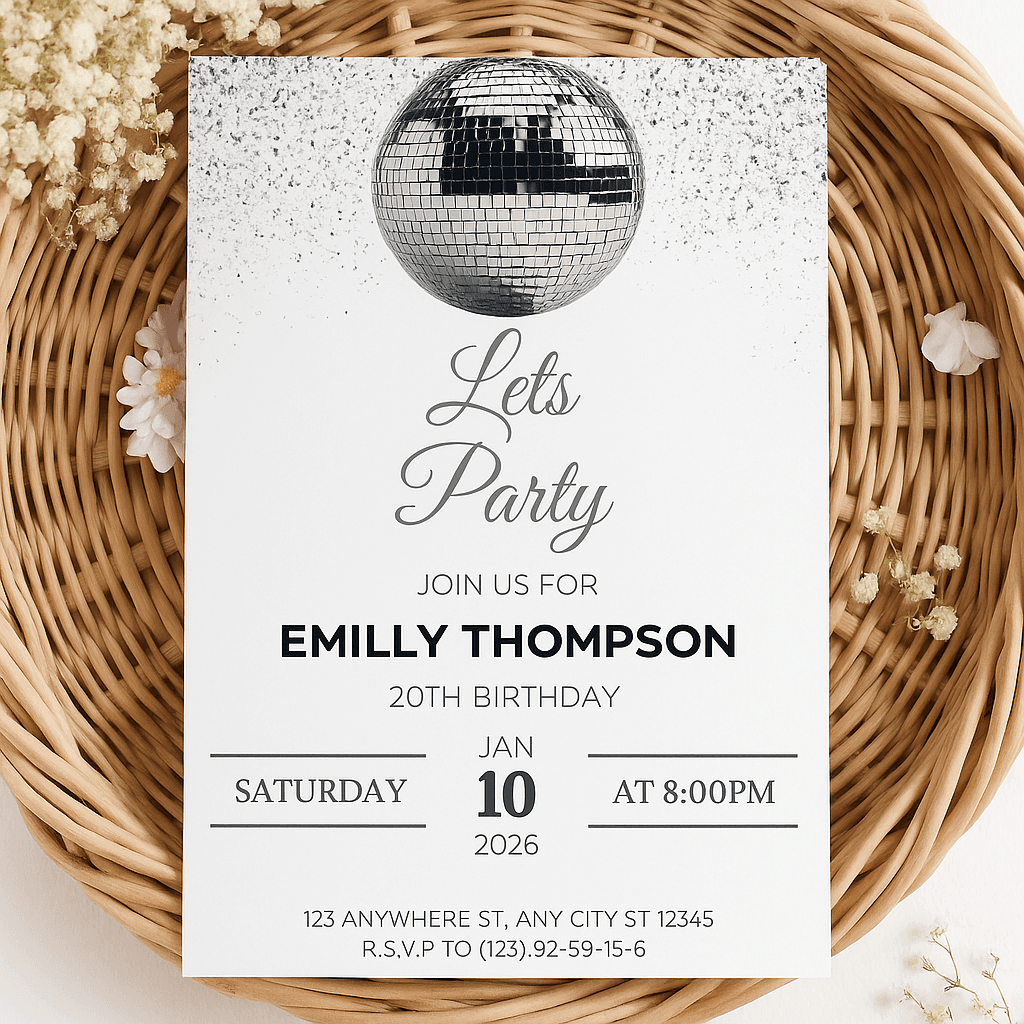 Emilly Thompson’s 20th Birthday Party Invitation – Editable Canva Template, Elegant Modern Design, Customizable & Printable, Instant Download