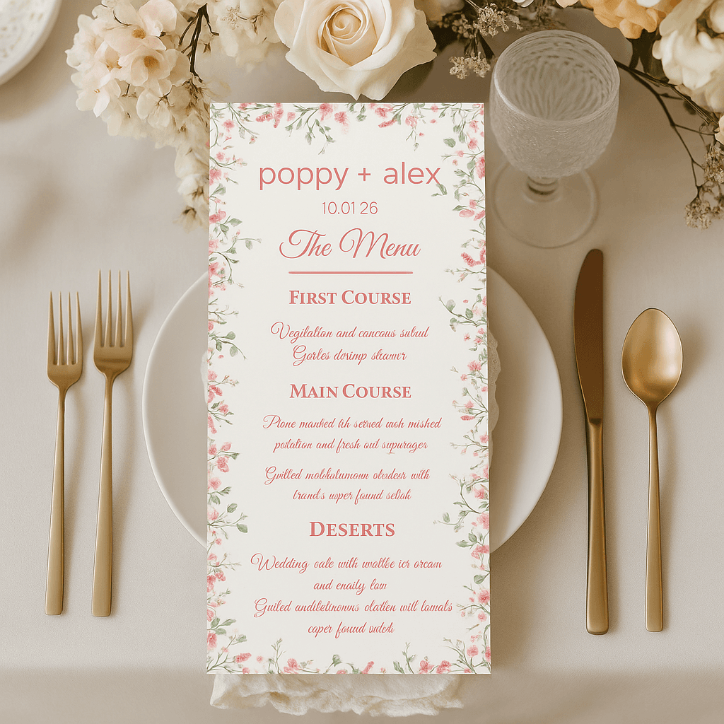 Floral Wedding Menu Card – Elegant Botanical Design, Editable Canva Template, Customizable Reception Dinner Menu, Printable Instant Download