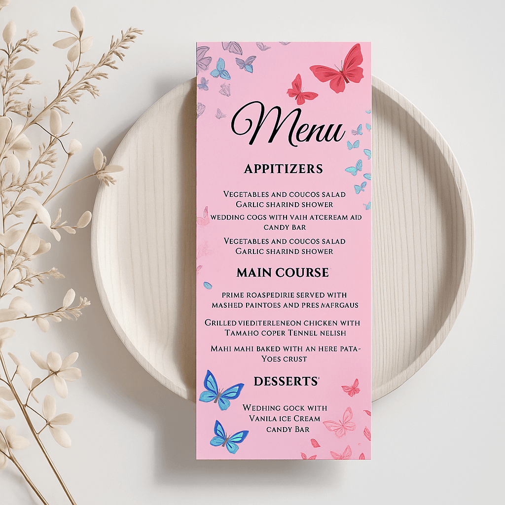 Butterfly Pink Wedding Menu Card – Editable Canva Template, Elegant Blush & Butterfly Theme, Customizable Reception Dinner Menu, Printable Instant Download